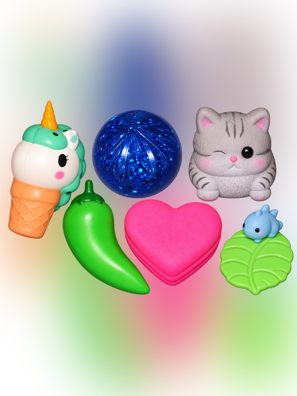 Assorted Stress Relief Toy Set - Pink Heart, Blue Glitter Ball, Green Pepper.